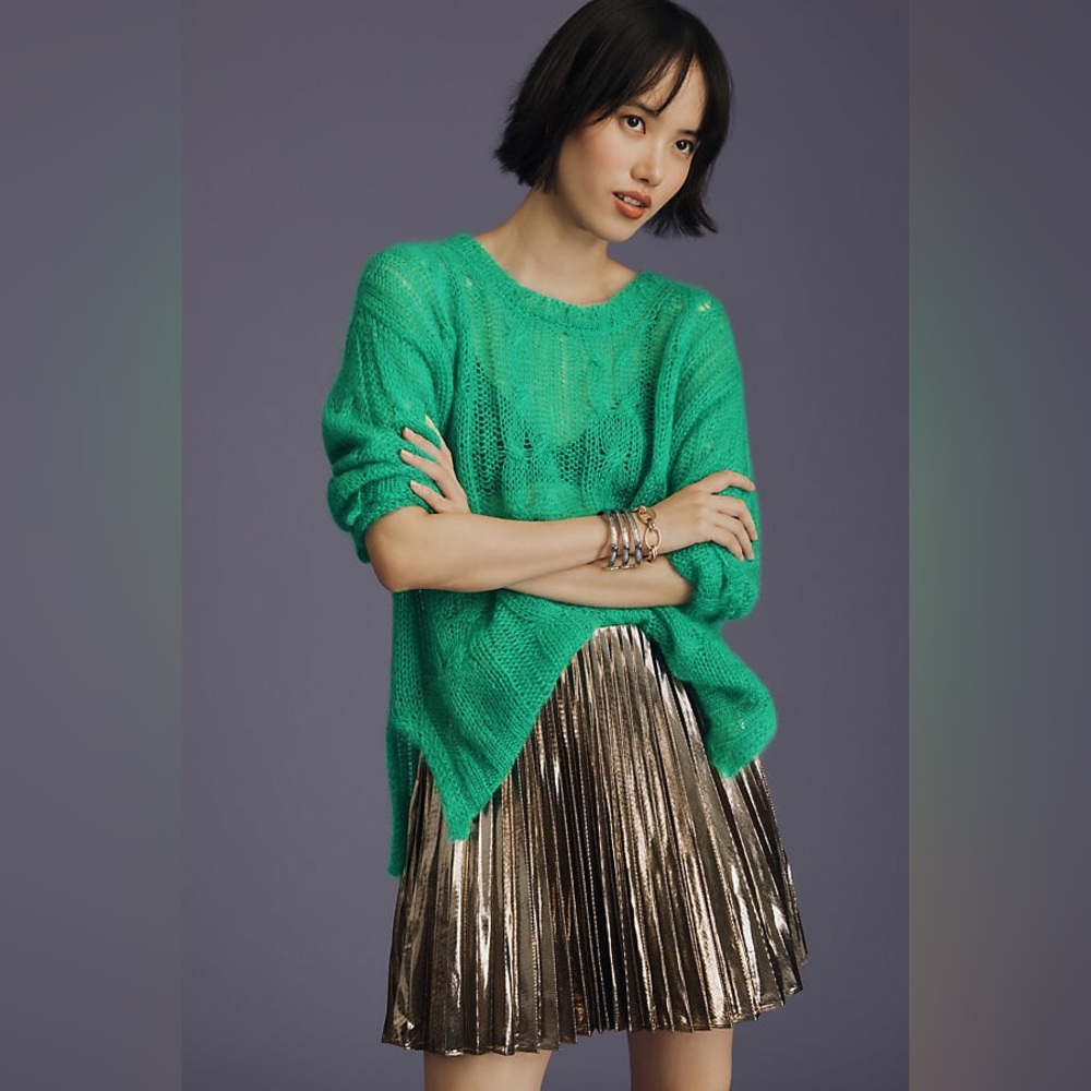 Anthropologie The Posey Stitchy Distressed Wool Cable Knit Green Sweater Size S